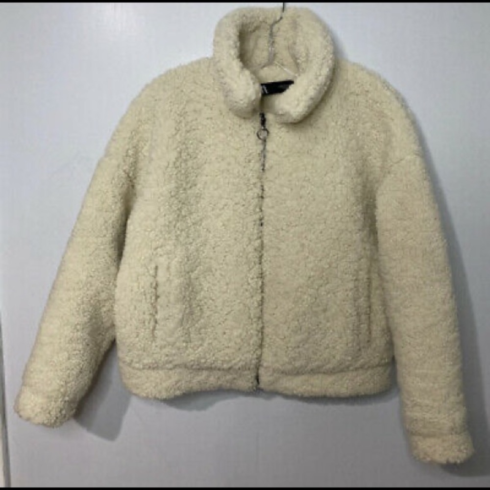 Zara Teddy Bear Sherpa Coat Zip Up Off White XS